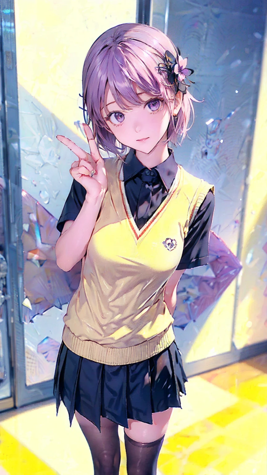 Ph Momo, Peaches, ふPeaches, alone, One person, Pink Hair, Purple eyes, short hair, Hair Flower, Sweater vest, school uniform, Big eyes, Checked skirt, Black knee socks,Making a peace sign, Embarrassing