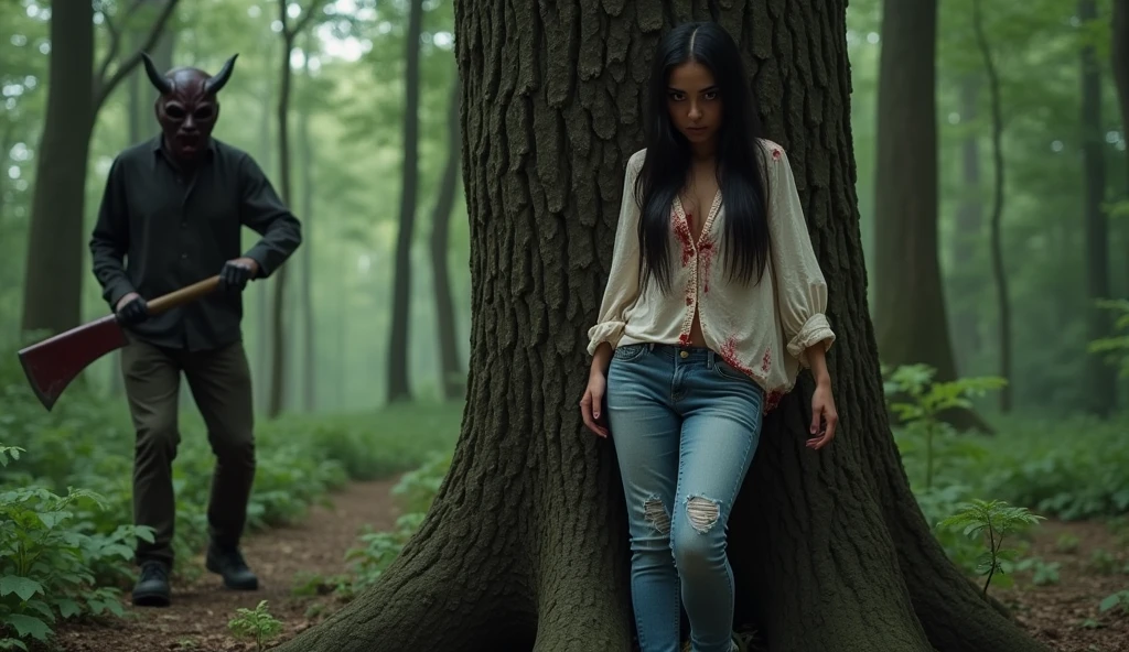ultra realistic, photography, long black straight hair, elegant hair, (30 years old, hazel eyes, hourglass figure, perfect fit body, natural big breasts), femme fatale, she is wearing a very ripped and torn blouse with a plunging neckline, pushed down over her right shoulder, blood is on her blouse, there are bloodstains on her blue jeans, her sneakers are dirty, she is hiding in the woods, standing behind a big tree, she is leaning against the tree, she looks scared, a guy with a devils mask and a bloody machete is approaching behind her tree, extreme wide angle