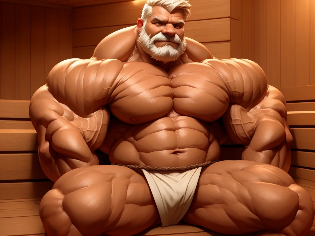 solo, 1boy, perfect anatomy, perfect proportion. Huge Muscular Old man sitting in sauna, steam, wearing fundoshi, pectoral, thick arms, huge pectoral, wide pectoral, short white hair, red beard and hair, simple background, masterpiece, semirealistic:1.2, high detailed, 8k, high resolution, perfect center, full view. ((really big muscle, massive muscular, sixpack, thick arms, wide pectoral, super huge muscle, hyper muscular, over sized muscle, huge arms, big arms, huge pectoral))