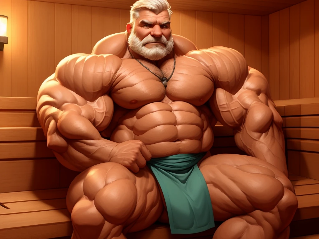 solo, 1boy, perfect anatomy, perfect proportion. Huge Muscular Old man sitting in sauna, steam, wearing fundoshi, pectoral, thick arms, huge pectoral, wide pectoral, short white hair, red beard and hair, simple background, masterpiece, semirealistic:1.2, high detailed, 8k, high resolution, perfect center, full view. ((really big muscle, massive muscular, sixpack, thick arms, wide pectoral, super huge muscle, hyper muscular, over sized muscle, huge arms, big arms, huge pectoral))