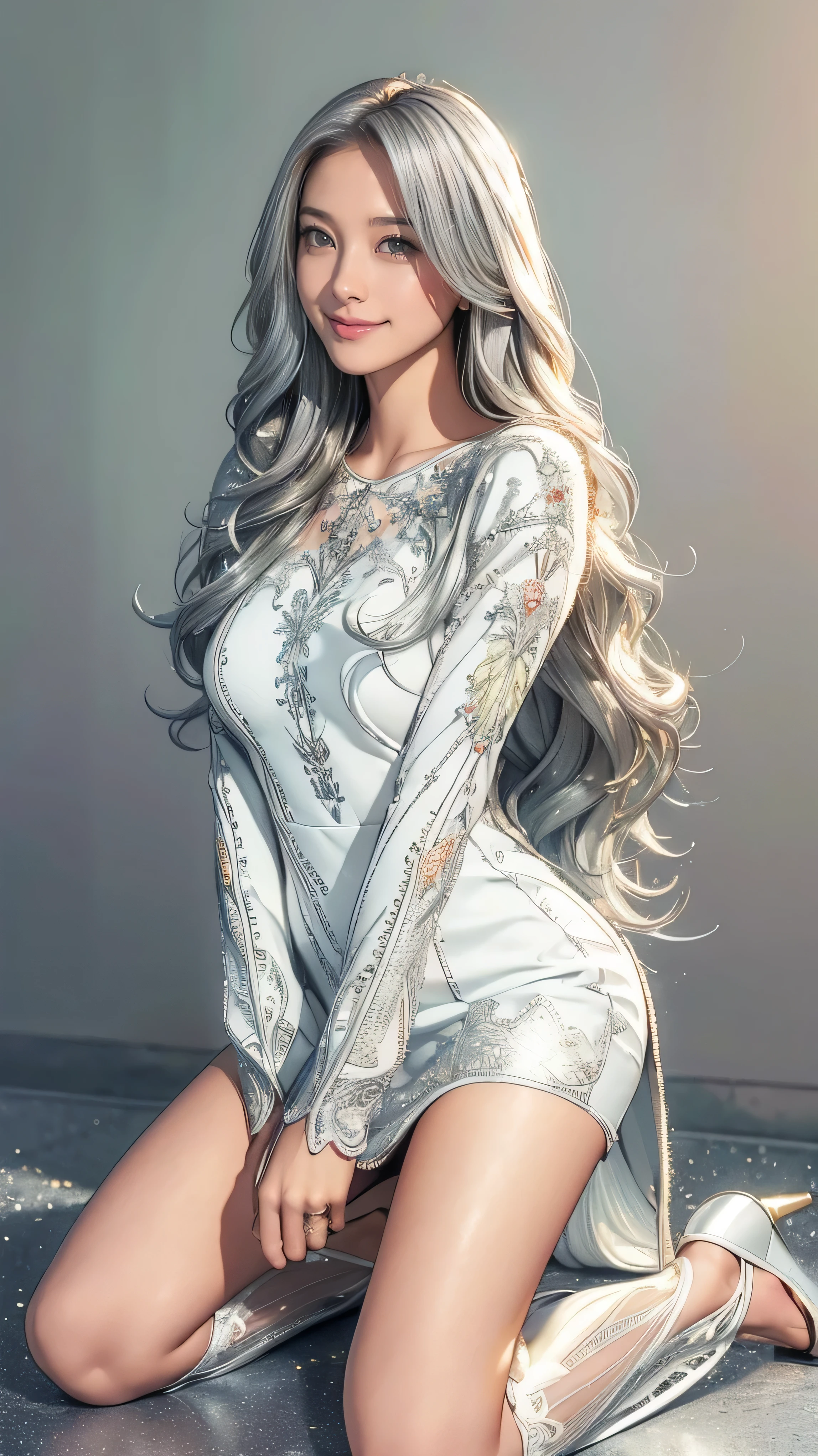 (Very detailed, Realistic, Highest quality, 4K, 8k, High resolution, masterpiece:1.3), An attractive flight attendant with a graceful and elegant figure. Erin Anderson is tall and slender, long, Long, wavy, golden blonde hair styled in loose curls. Long hair that reaches down to the buttocks.She has attractive, friendly, bright green eyes.(Long hair that reaches down to the buttocks:1.5)((とてもlong髪))((Smile、Embarrassed smile)) ((Flowing white mini dress decorated with intricate silver embroidery_long sleeve_Thin:1.3))
((kneeling down:1.3)), ((heels on the ground on:1.3)),