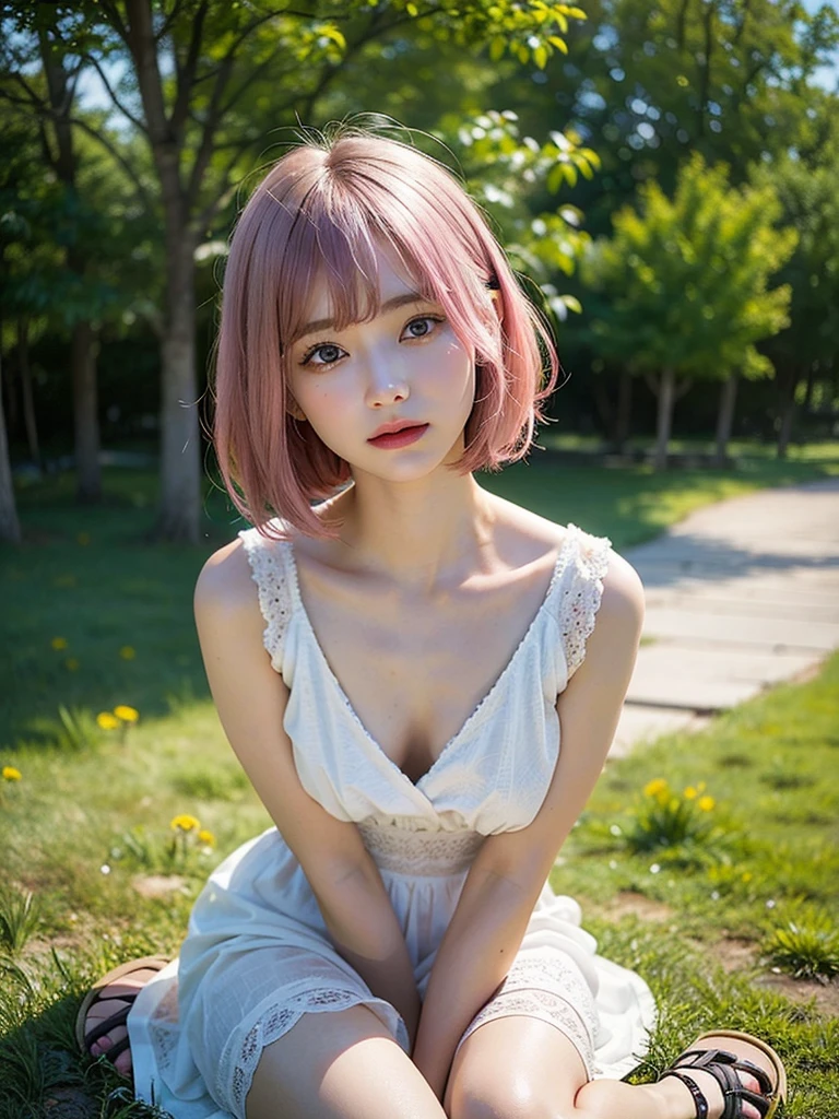 A single girl with a bob cut and pink hair, wearing a flowing white sundress and sandals. The image focuses on her large chest, capturing the highest quality, masterpiece-level detail in ultra-high resolution. The scene is lit with natural light, capturing an ultra-realistic, photoreal RAW shot in a sunlit meadow. The composition emphasizes her sad expression, looking directly at the camera, with very detailed human skin textures, displaying natural, healthy-looking skin tones in a dynamic and perfect composition. The skin must be easily identifiable in detail, with a uniform, healthy appearance, rendered in 16K resolution.