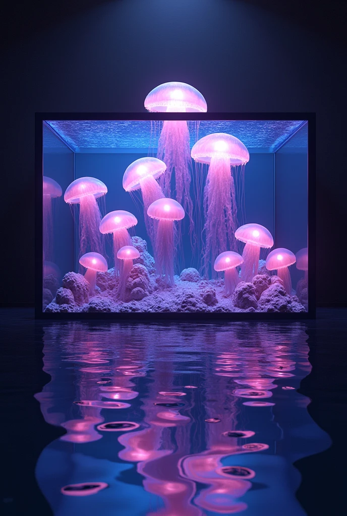 Absurd, High resolution, Super detailed, beautiful, masterpiece, Highest quality、水面に光がreflectionしている、reflection、Realな質感、Realistic、Real、Realistic、Blur、A lot of jellyfish、In the water、blister、Purple light、Aquarium、Inside the house、illumination、On the shelf、A chic room with a black theme