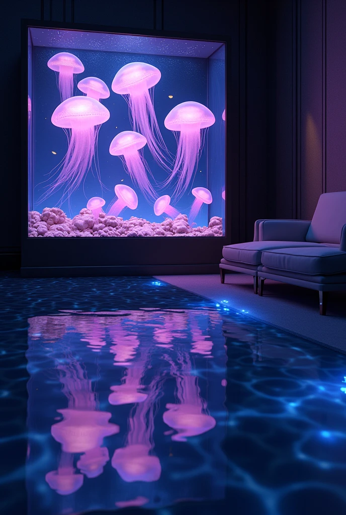 Absurd, High resolution, Super detailed, beautiful, masterpiece, Highest quality、水面に光がreflectionしている、reflection、Realな質感、Realistic、Real、Realistic、Blur、A lot of jellyfish、In the water、blister、Purple light、Aquarium、Inside the house、illumination、On the shelf、A chic room with a black theme