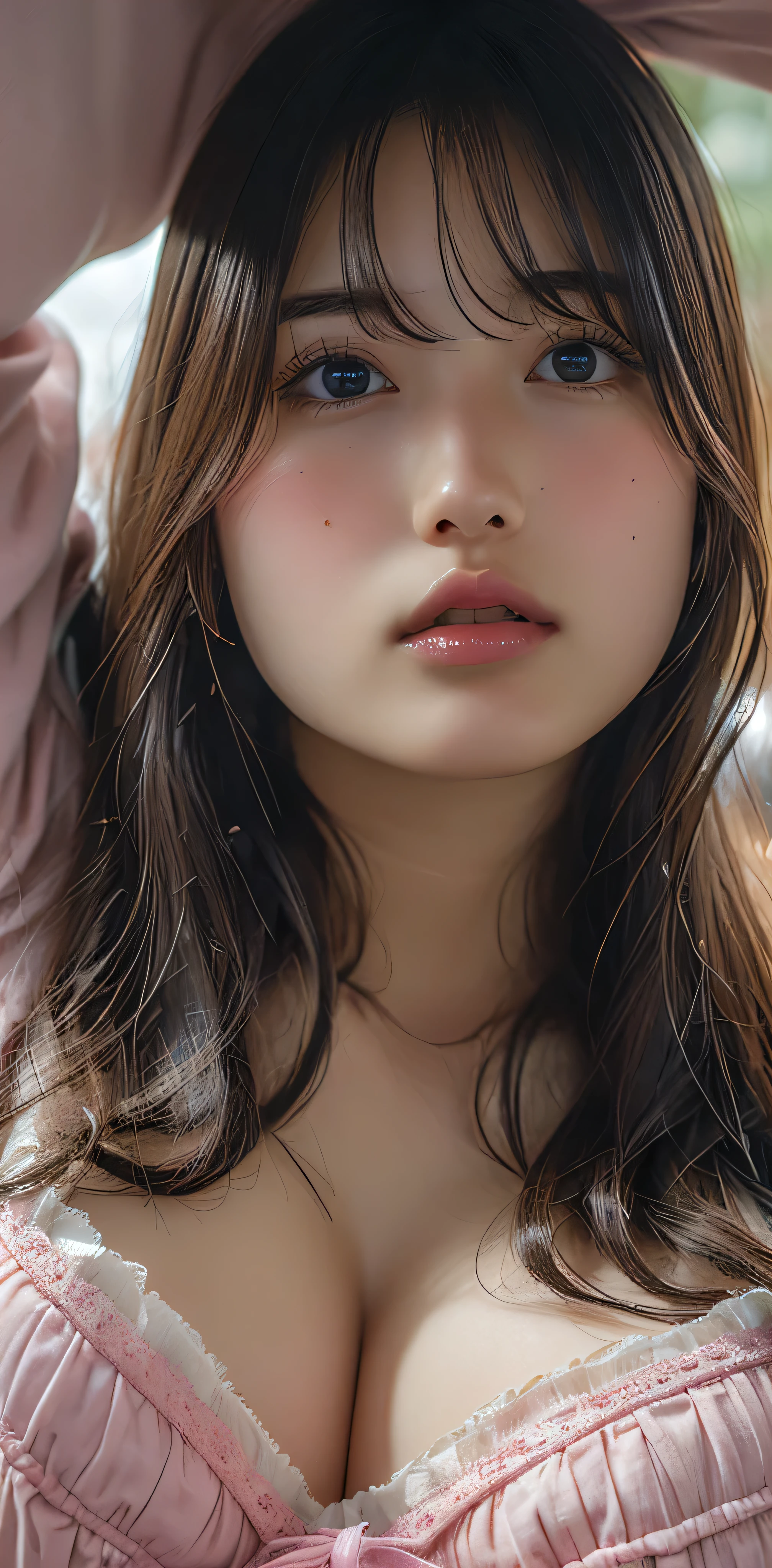 (((Very huge bigger than a face:1.35)))、((Pink underwear))、Raise your arms、Spread your legs、Lie、Sleep on your back、((High resolution)), Superior Quality, Very detailed, Realistic, ((8k)), RAW Photos, Highest quality, masterpiece, attractive, wonderful, Black Hair, Shoulder-length layers, Mesh Hair, Japanese Idols, Sophisticated, stylish,