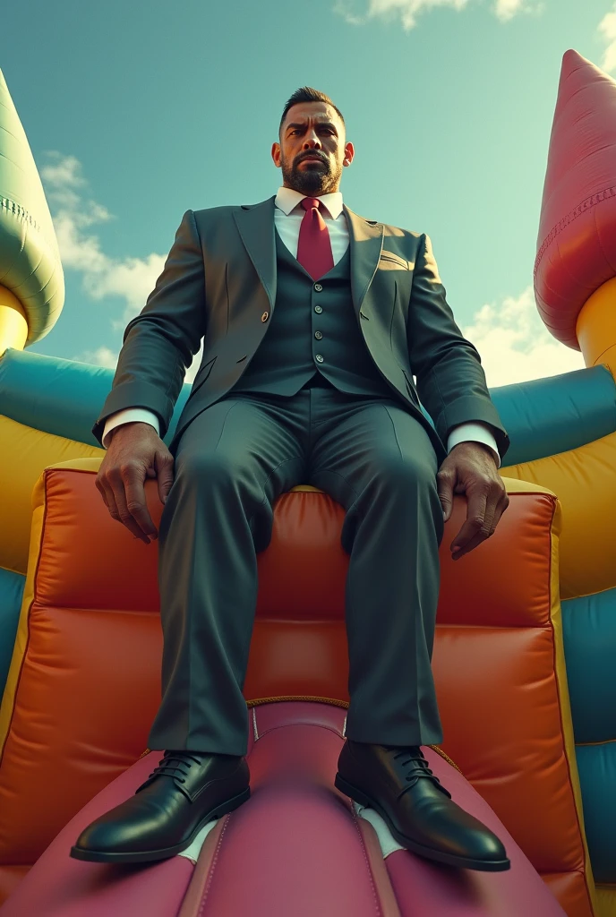 huge muscular man gangster, riding on a children's bouncer