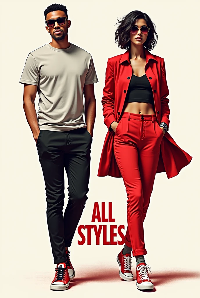I want a 2 man,t-shirt,open blouse,pants,tennis, and underneath it written all styles with the colors red and black 