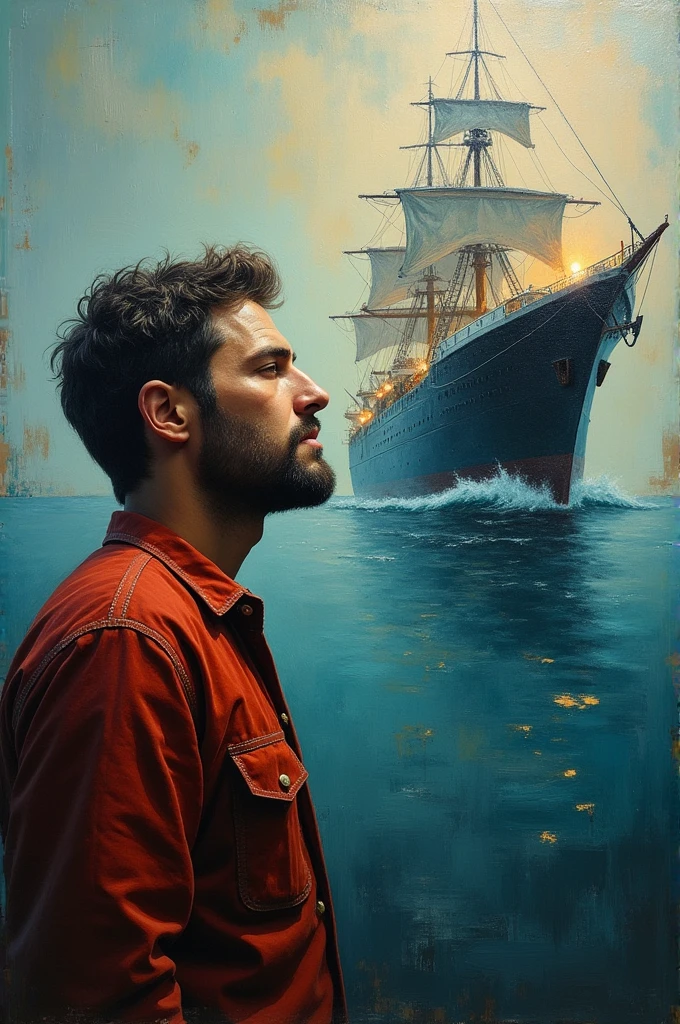 A rough oil painting of a man dreaming of an unsinkable ship
