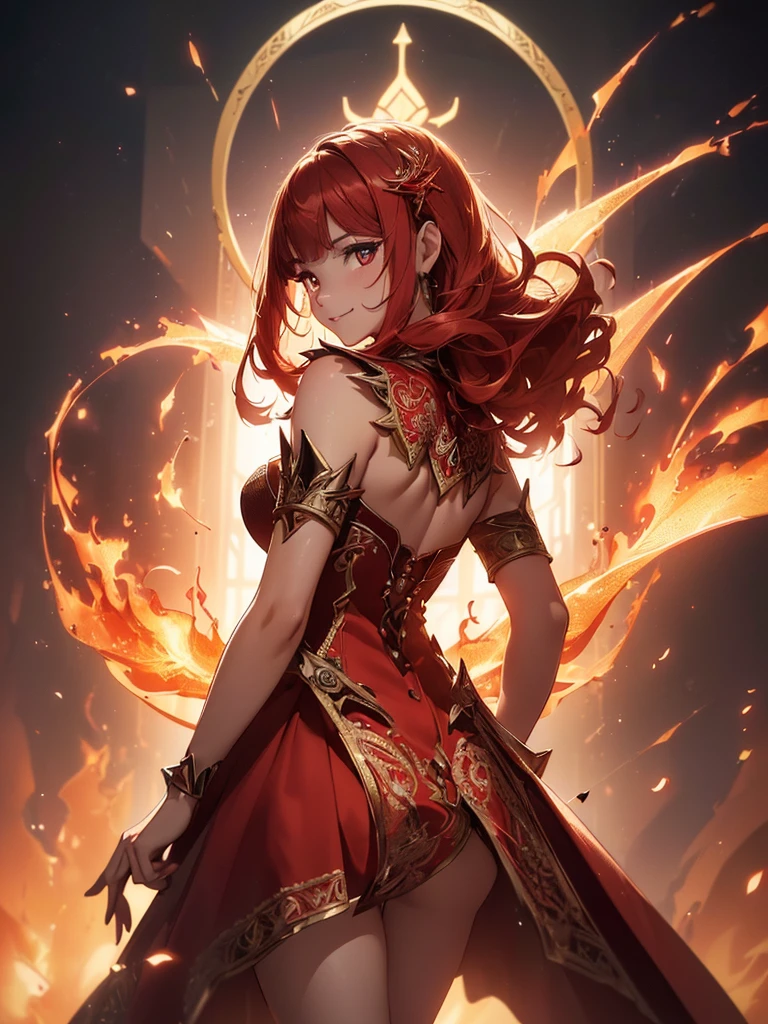 (((best quality, sharp image, clear image, cinematic lighting, 8k resolution, masterpiece, ultra detailed, intricate))) Girl, sorcerer, cute, intricate dress, smiling, fiery red, ((intricate background)), (rune frame), dimension, ((shot from behind)), fire sigils, chaotic background.