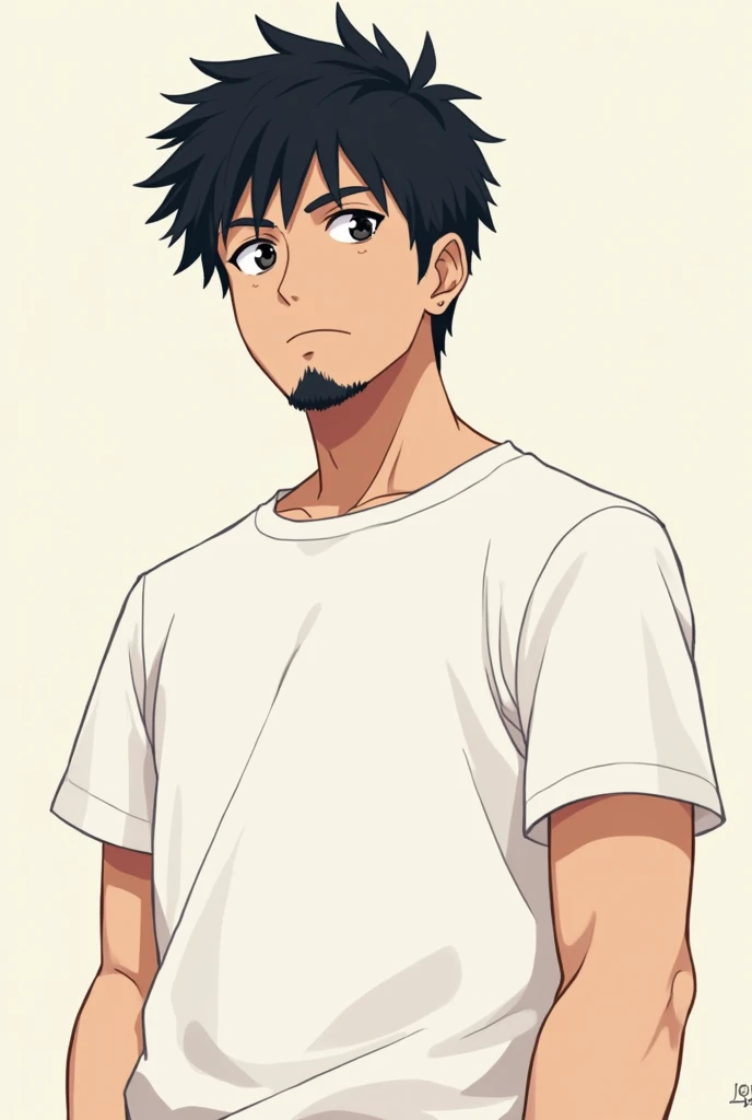 Pixel aRt of man, Beard and white t-shirt with sleeves protetcing his arms, #pixelaRt:3, lofi poRtRait, flat anime style, flat anime style shadin anime style chaRacteRacteR, visual novel spRite, in anime style, poRait pixel aRt dRawing, young anime man, pixelaRt, black hair, black hair, semi large back, front view, stading, looking forward, details eye, young man 3, ((more detail, high detailed, enhanced))