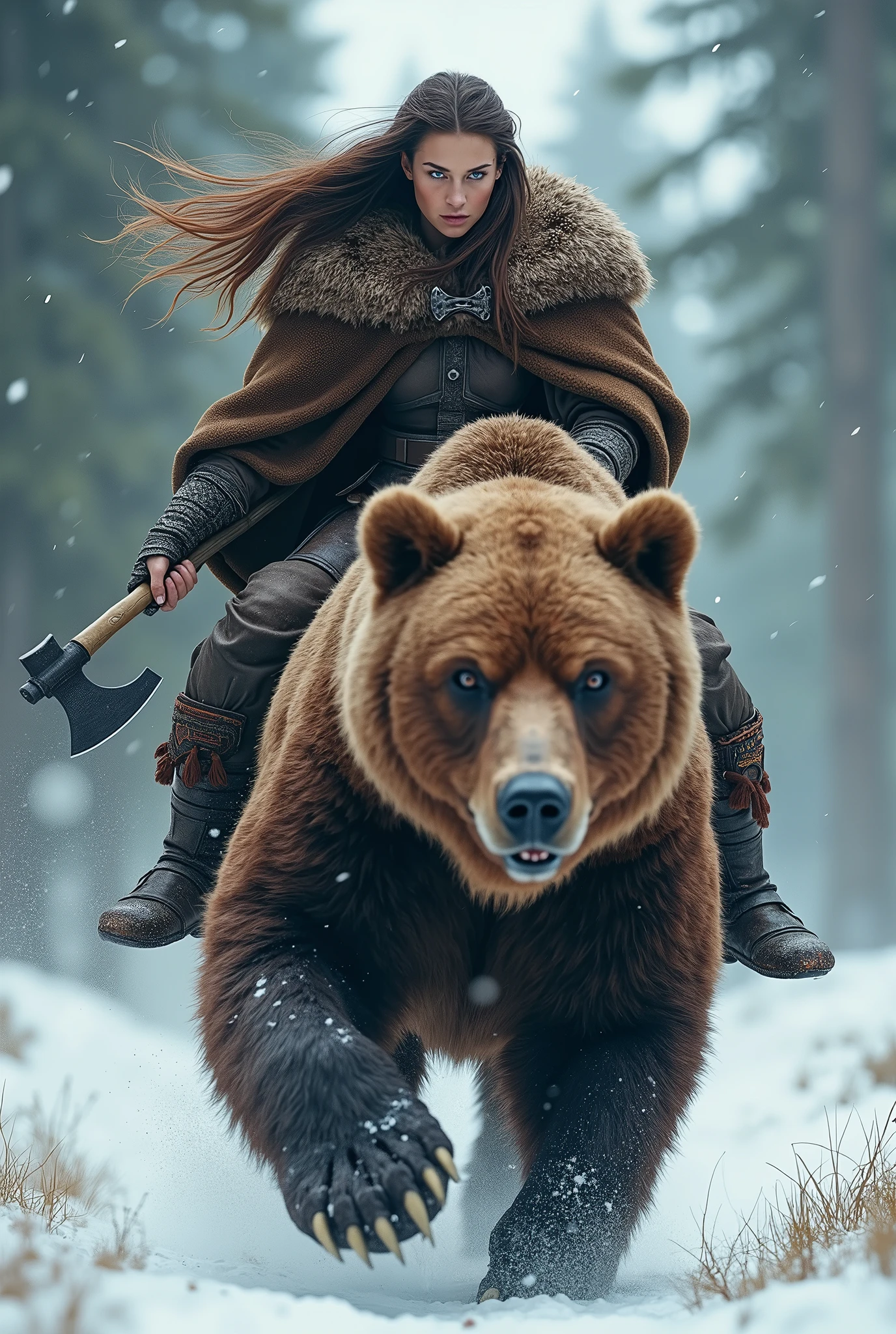photorealistic of a female Viking warriors with long hair wearing a brown bear fur cloak riding a massive brown bear, detailed face, beautiful woman, holding axe with one hand, charging forward, cowboy shot, snow storm, secluded background, snow forest background, dramatic lighting, high contrast