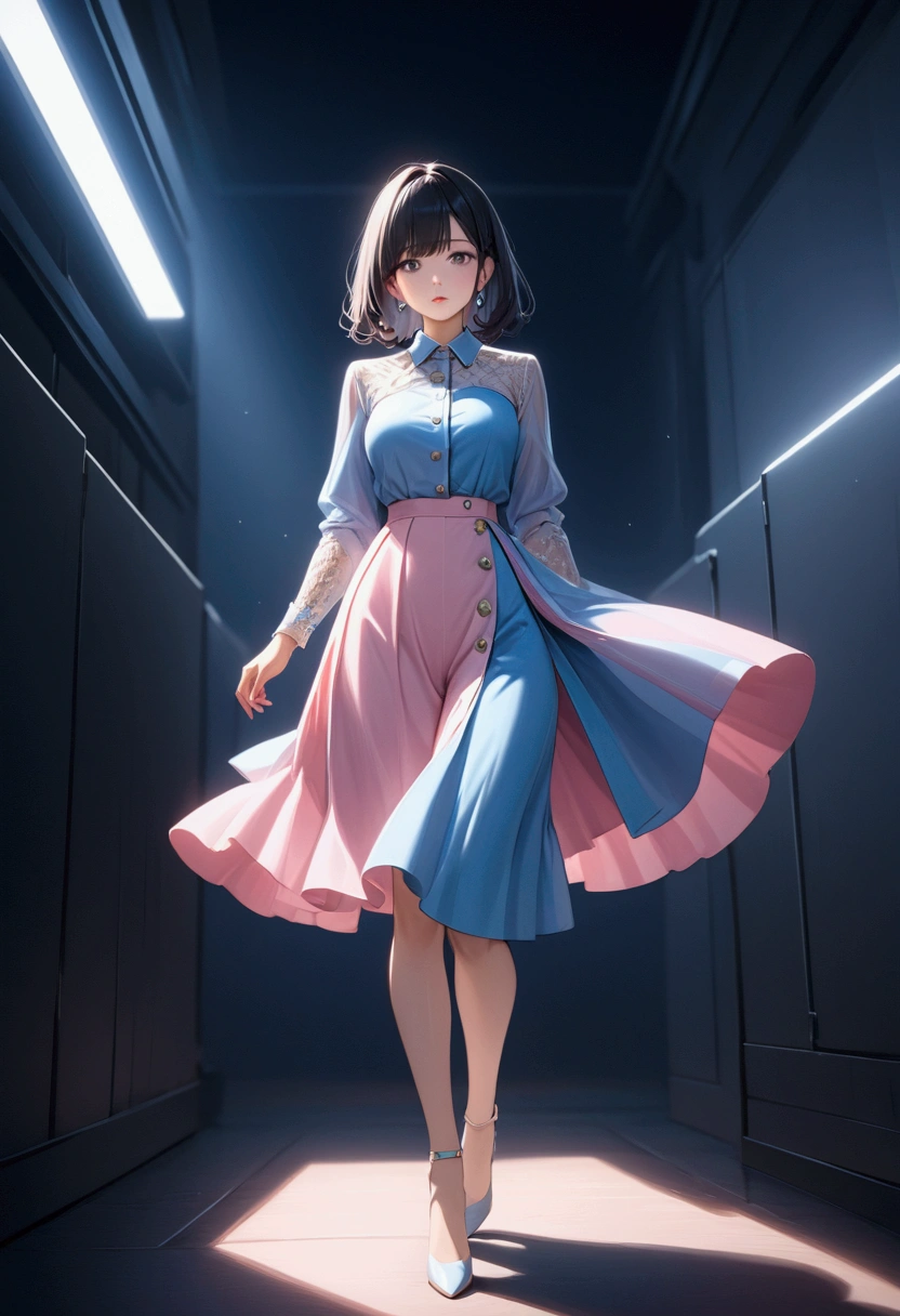 lady full body , pink mix blue oufit , short black hair