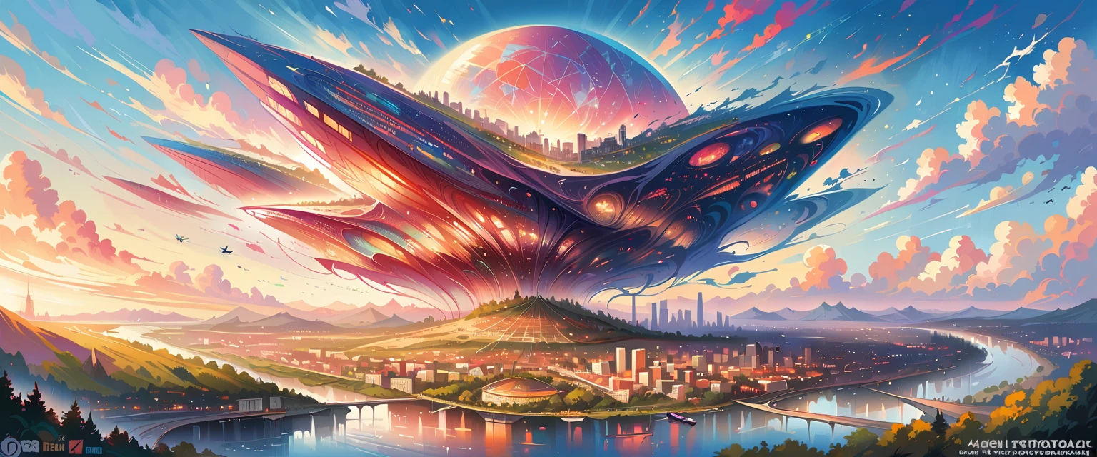 (best qualityer,4K,8k,A high resolution,work of art:1.2),ultra detali,(realisitic,fotorrealisitic,fotorrealisitic:1.37),Futuristic floating city,futuristic technology,Huge urban platform of high-tech tablets,airship,Floating in the sky,futuristc city,Small aircraft around,High-tech hemispherical platform,colored lights,Advanced architecture,modern architecture,skyscraper,Access the cloud,scenic beauty,view over the city,Impressive design,Blends perfectly with nature,Energetic and vibrant atmosphere,futuristic transportation system,Parking is suspended,Transparent path,lush vegetation,Celestial Gardens,cascading waterfalls,Magnificent horizon,reflections on water,sparkling river,Architectural innovation,skyscrapers futuristas,Transparent dome,The shape of the building is unusual,elevated walkway,impressive skyline,glittering lights,futuristic technology,minimalist design,Picturesque places,panoramic view,Cloud Piercing Tower,swirly vibrant colors,epic sunrise,epic sunset,Stunning light display,magical atmosphere,The future city,Urban Utopia,LuxuryLifestyle,Innovative energy,sustainable development,smart city technology,Advanced infrastructure,atmosfera tranquila,Nature and technology coexist in harmony,Amazing cityscape,Unprecedented urban planning,Architecture connects perfectly with nature,High-tech metropolis,A marvel of cutting-edge engineering,The future of urban life,Visionary architectural concept,Energy efficient buildings,Harmony with the environment,A city floating above the clouds,Utopian dreams come true,The possibilities are endless,Next generation transport network,Green energy integration,Innovative materials,Stunning holographic display,Advanced communication system,Breathtaking aerial view,calm and peaceful environment,Modernist aesthetics,ethereal beauty