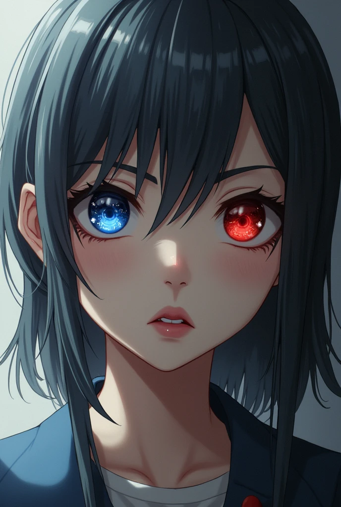 Girl with dark grey hair, left eye blue and right eye red. He is 18 years and is supposed to appear calm but firm