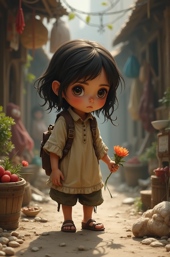 A poor little brunette girl who is looking for a flower-shaped figurine