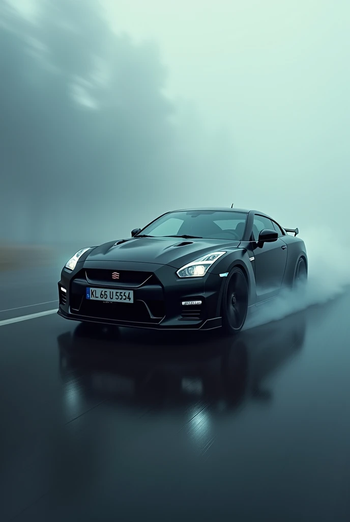 A black swift car with number plate KL 65 U 5354 in fog
