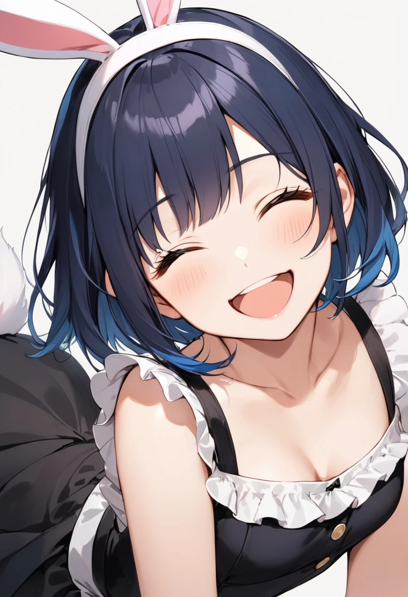 (Beautiful shinjuku cafe) ((tween girl)),(keeps her head low, crawls on all fours and sticks out her butt) Emphasizing her tail, open and sexy expression, emphasizing the cleavage, (wearing maid costume and bunny hairband), many sexy poses, (simple background,blank space), BREAK (girl,tween,detailed face,(darkblue hair,wavy-short hair),eyebrows,small breasts),smile,joy,closed eyes,