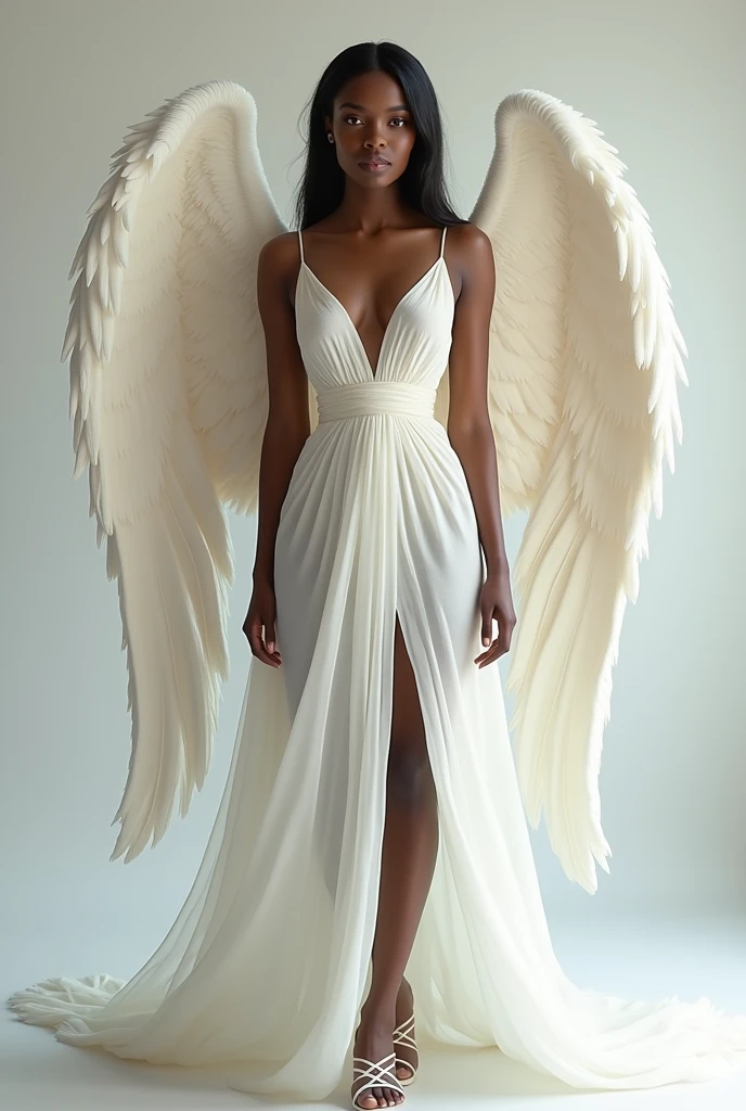 a Black woman with an seraphic visage face wearing white Soft Draped Gowns, full body image, standing straight, white sandals, looking at the camera