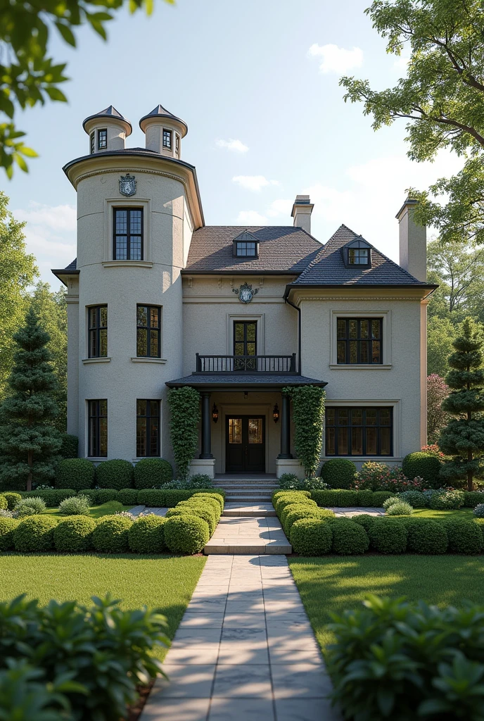 (photorealism:1.2), Wayne Manor style intricate house but affordable to Todays market. Include a family crest. Not pointy with isolated rectangular symmetrical towers. Smooth stone color.