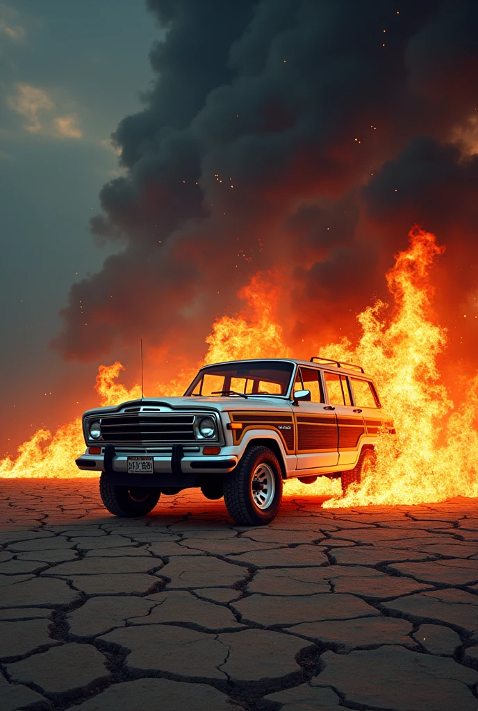 make a wallpaper for my s23 fe i want a white 1991 jeep wagoneer with wooden side panels on fire on a cracked road with space above