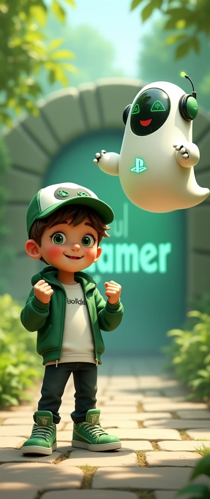Create two characters that interact with each other. The two characters are friends through many adventures.
Character 1: Boy approximately 1 . He is tall. His facial expression is friendly and smiling., with big green eyes that convey a sense of curiosity and joy. your hair is short, brown in color and slightly disheveled, visible under the CAP. His cap is green and has a Playstation 5 controller printed on the front.. He wears a white T-shirt under a hooded jacket and matching cap.. The jacket has the word "Soulgamer" written visibly at chest height. He wears loose black pants that fit comfortably over green sneakers that match his jacket and cap., with white shoelaces tied tightly. Character 1 is standing with the fist of one of his hands clenched while the fist of his other hand is raised as if he is celebrating..
Character 2: Medium-sized robot mascot with ghost-like appearance. Resembling a drop. On his hands he has five well-defined fingers. His facial expression has large, green eyes with a glow, conveying a friendly and cheerful expression. He has a small open mouth with a happy smile and flushed cheeks.. Its body is white with small green details and a smooth, slightly shiny texture.. He has a headset on his head with an adjustable microphone positioned close to his mouth.. And on his chest you can see the illuminated shape of a Playstation 5 controller in fluorescent green.. It floats in the air, as if he were ready for an adventure.
The scene consists of a stone road with plants on the side and behind the characters you can see a portal where the word is written "Soul Gamer"