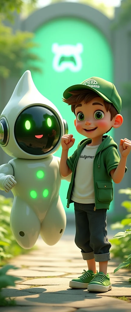 Create two characters that interact with each other. The two characters are friends through many adventures.
Character 1: Boy approximately 1 . He is tall. His facial expression is friendly and smiling., with big green eyes that convey a sense of curiosity and joy. your hair is short, brown in color and slightly disheveled, visible under the CAP. His cap is green and has a Playstation 5 controller printed on the front.. He wears a white T-shirt under a hooded jacket and matching cap.. The jacket has the word "Soulgamer" written visibly at chest height. He wears loose black pants that fit comfortably over green sneakers that match his jacket and cap., with white shoelaces tied tightly. Character 1 is standing with the fist of one of his hands clenched while the fist of his other hand is raised as if he is celebrating..
Character 2: Medium-sized robot mascot with ghost-like appearance. Resembling a drop. On his hands he has five well-defined fingers. His facial expression has large, green eyes with a glow, conveying a friendly and cheerful expression. He has a small open mouth with a happy smile and flushed cheeks.. Its body is white with small green details and a smooth, slightly shiny texture.. He has a headset on his head with an adjustable microphone positioned close to his mouth.. And on his chest you can see the illuminated shape of a Playstation 5 controller in fluorescent green.. It floats in the air, as if he were ready for an adventure.
The scene consists of a stone road with plants on the side and behind the characters you can see a portal where the word is written "Soul Gamer"