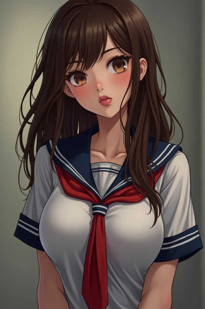 ((highest quality、High resolution、masterpiece))、Portrait、A beautiful woman、Perfect body、beautiful ample breasts、classroom、high school girl、Sailor suit、No panties、Embarrassed、Legs wide open、(((POV、Having sex、orgasm)))、Creampie