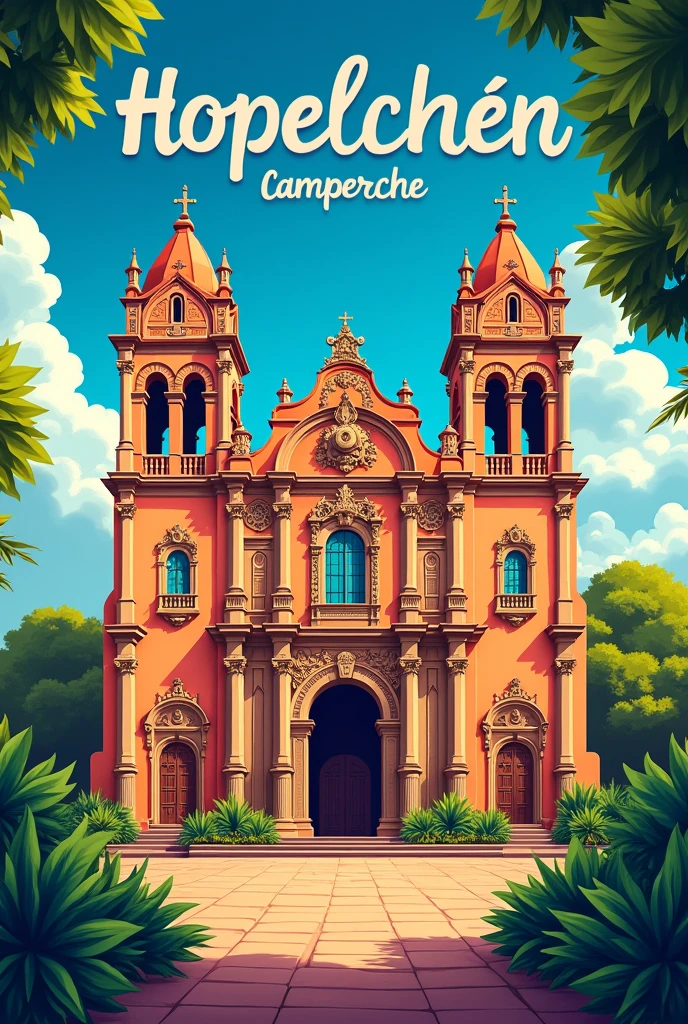 Create a representative image of Mexico with the church of Hopelchen Campeche, with bright colors, and with the text Hopelchen Campeche