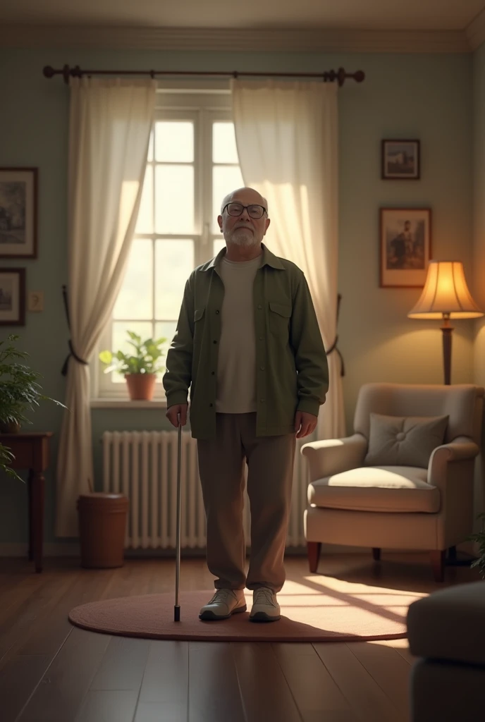 A animated AI image of a blind man with a background of his house
