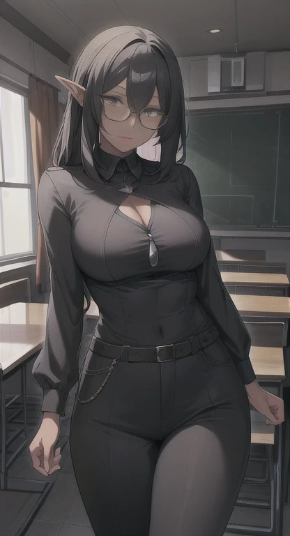 Sophisticated, scholar, dark skin, dark Elf, Ashley Holzie, glasses, class, administrator uniform , classroom, pants,