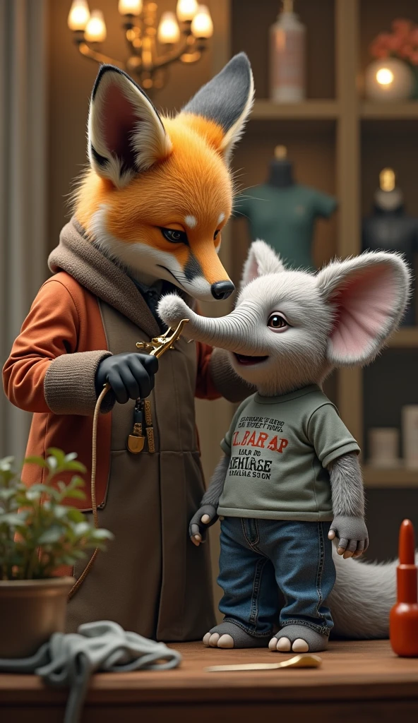 A female fox works as a hairdresser, removing excess hair from the face of a very small elephant wearing a L.e. shirt and jeans in a very luxurious store, as realistic as in real life.