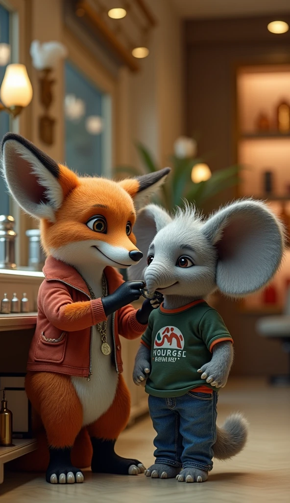 A female fox works as a hairdresser, removing excess hair from the face of a very small elephant wearing a L.e. shirt and jeans in a very luxurious store, as realistic as in real life.