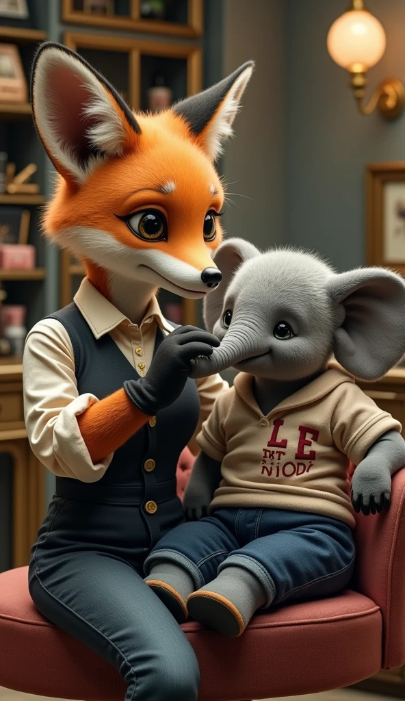 A female fox works as a hairdresser, removing excess hair from the face of a very small elephant wearing a L.e. shirt and jeans in a very luxurious store, as realistic as in real life.