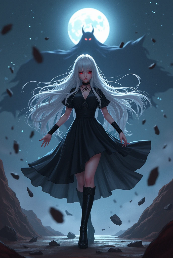 A 20-year-old girl with long silver hair down to her waist, red eyes, and a serious expression. She wears a black dress and tall black boots. Her skin is pale, and her lips are red. She exudes a dark aura. A shadowy monster lurks behind her. She stands in a combat stance, facing forward, with stones rising around her due to her power. The background is a starry night with a full moon in the distance, Ensure the moonlight casts dramatic shadows and highlights the silver sheen of her hair and the dark aura surrounding her, Emphasize the texture of the dress and boots, the glow of her red eyes, and the sharpness of the stones levitating around her, Create a contrast between the dark, ominous aura and the serene, starry sky, with the full moon providing a mystical ambiance, Capture the sense of power and tension in the scene, with the stones mid-air and the girl's stance suggesting imminent action.