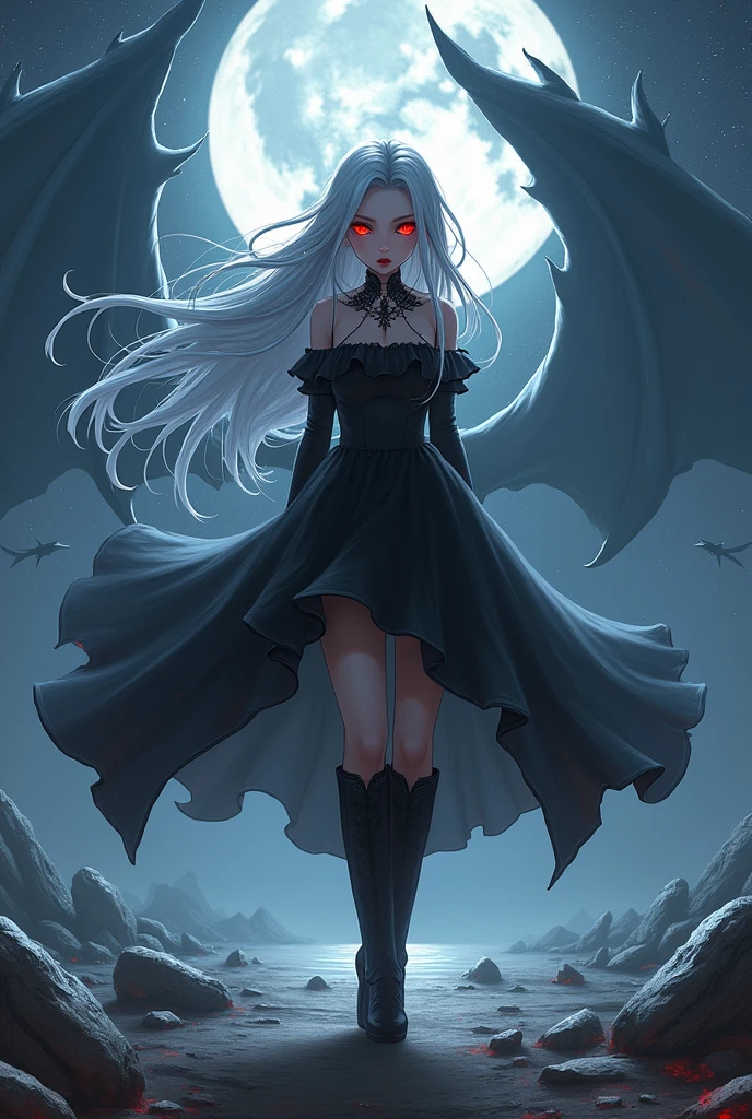 A 20-year-old girl with long silver hair down to her waist, red eyes, and a serious expression. She wears a black dress and tall black boots. Her skin is pale, and her lips are red. She exudes a dark aura. A shadowy monster lurks behind her. She stands in a combat stance, facing forward, with stones rising around her due to her power. The background is a starry night with a full moon in the distance, Ensure the moonlight casts dramatic shadows and highlights the silver sheen of her hair and the dark aura surrounding her, Emphasize the texture of the dress and boots, the glow of her red eyes, and the sharpness of the stones levitating around her, Create a contrast between the dark, ominous aura and the serene, starry sky, with the full moon providing a mystical ambiance, Capture the sense of power and tension in the scene, with the stones mid-air and the girl's stance suggesting imminent action.