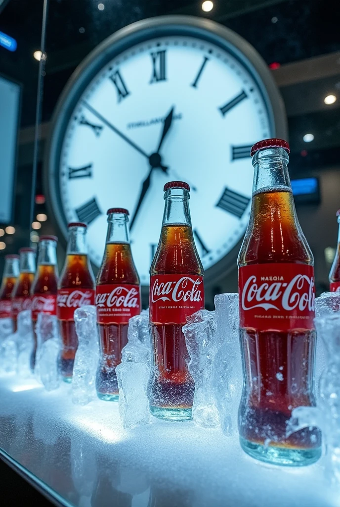 display case with several Coca Cola bottles on tables, with old and new packaging all inside frozen cubes, and in the background a giant clock