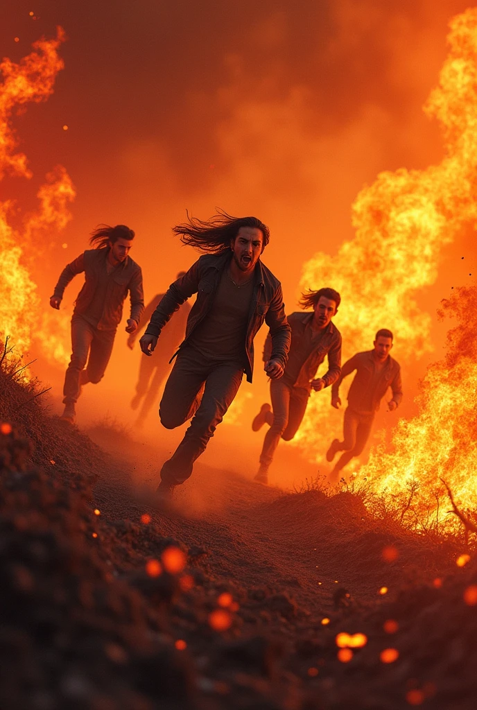 HD wallpaper of several people running in a hell full of fire side view