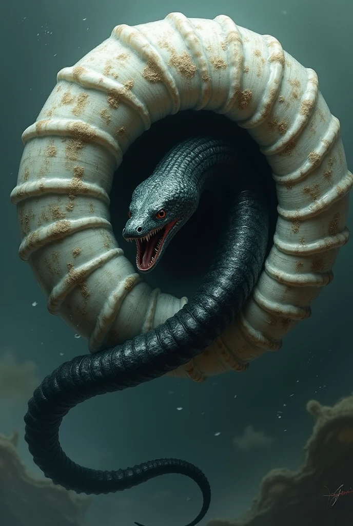 A black and thick eel penetrated deep into the shell through the opening of the spiral shell.Only the slender tail is still exposed.