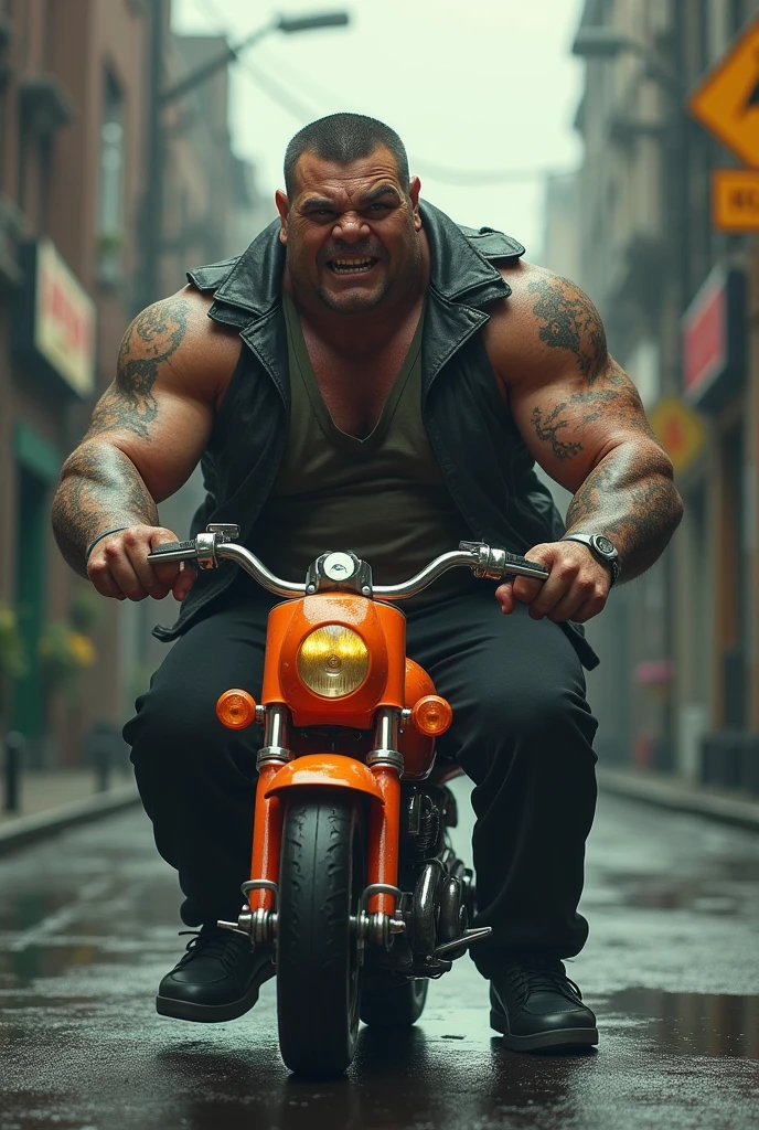 huge muscular man gangster, riding a 's plastic motorcycle, the plastic motorbike is very small
