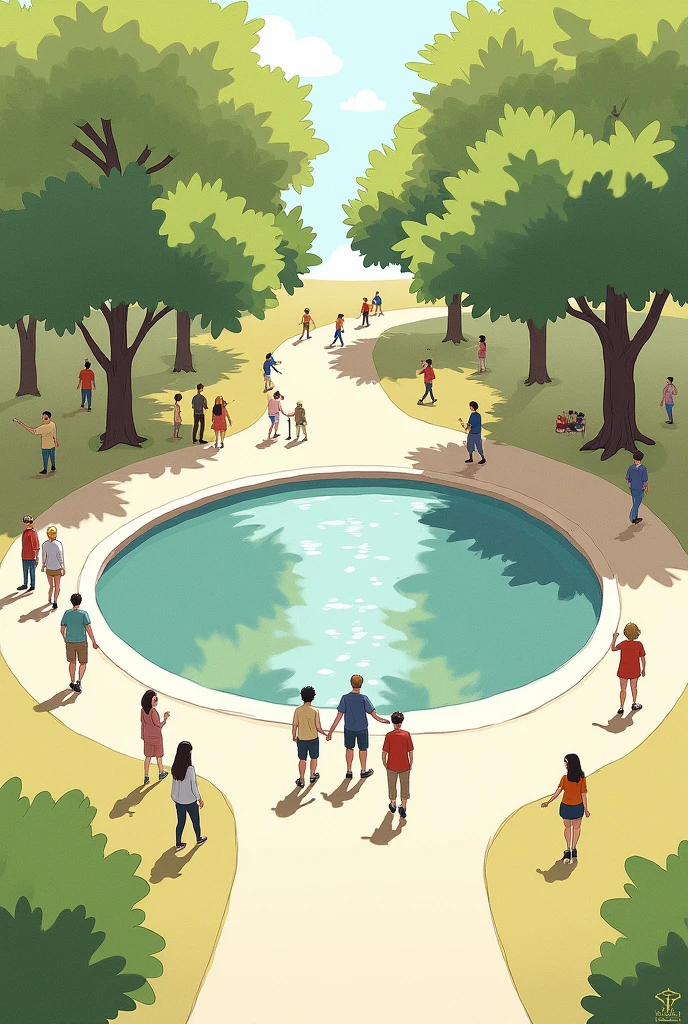 simple sketch of a park scene with a few trees, a pond, and people walking.