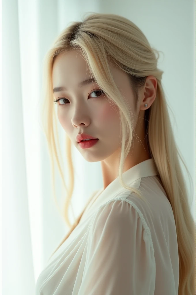 2, 8k, hd, chinese beautiful girl, blonde hair, very long hair, straight hair, mouth closed, eyes open, 1 girl, face detail, beautiful woman's face, sweater, white background, backwards, front view, cinematic light