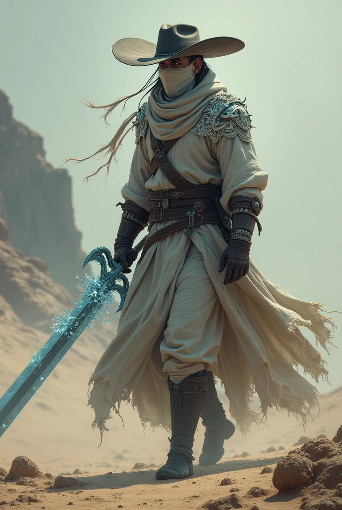 Hunter in a desert, with a long sword made of ice. He wears a white cloth mask and white dragon details on his outfit. (sobretudo escuro, half sepia), besides a cowboy hat (not very wide). He has long, pointy ears.