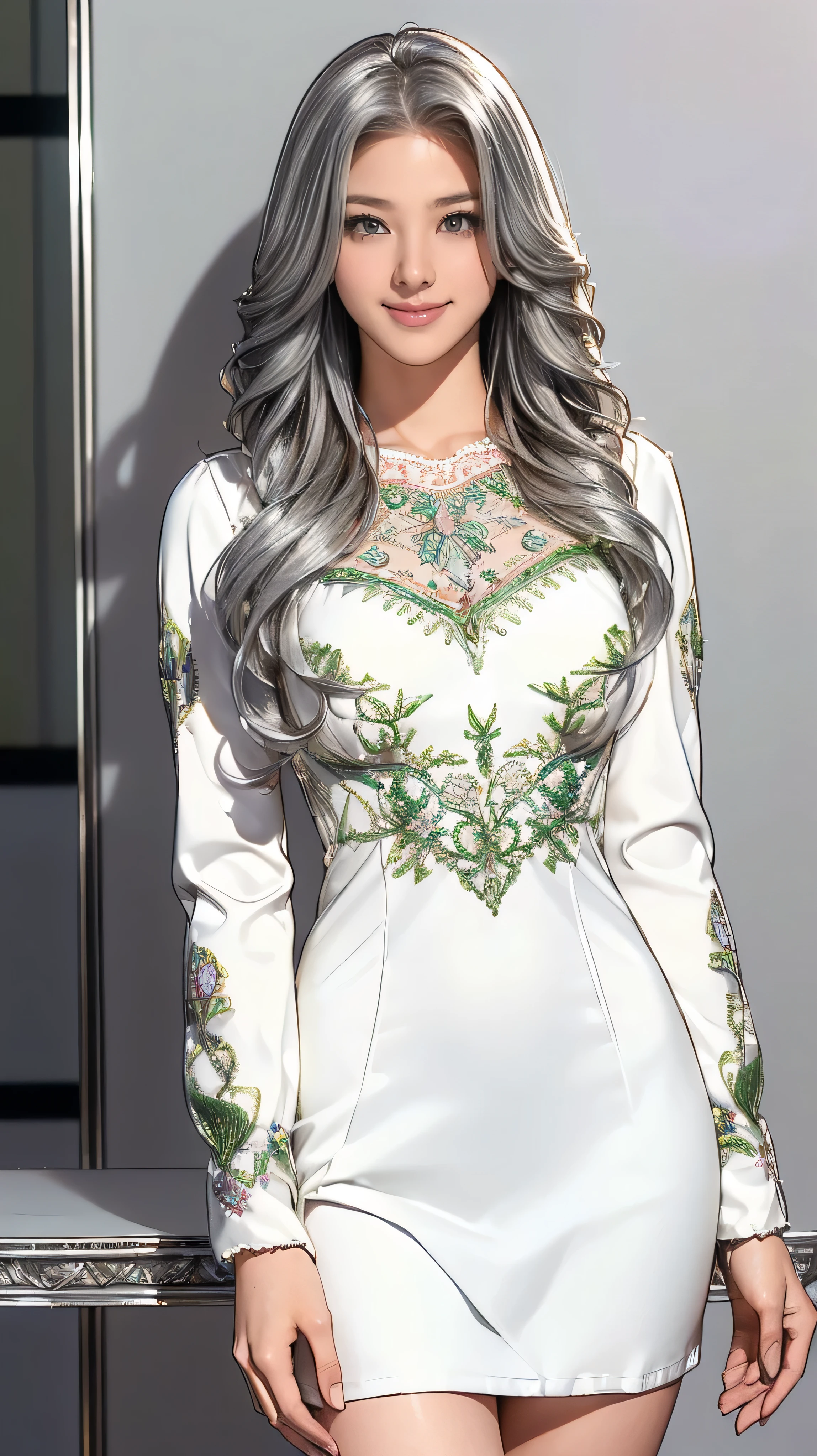 (Very detailed, Realistic, Highest quality, 4K, 8k, High resolution, masterpiece:1.3), An attractive flight attendant with a graceful and elegant figure. Erin Anderson is tall and slender, long, Long, wavy, golden blonde hair styled in loose curls. Long hair that reaches down to the buttocks.She has attractive, friendly, bright green eyes.(Long hair that reaches down to the buttocks:1.5)((とてもlong髪))((Smile、Embarrassed smile)) ((Flowing white mini dress decorated with intricate silver embroidery_long sleeve_Thin:1.3)) ((standing gracefully:1.6))