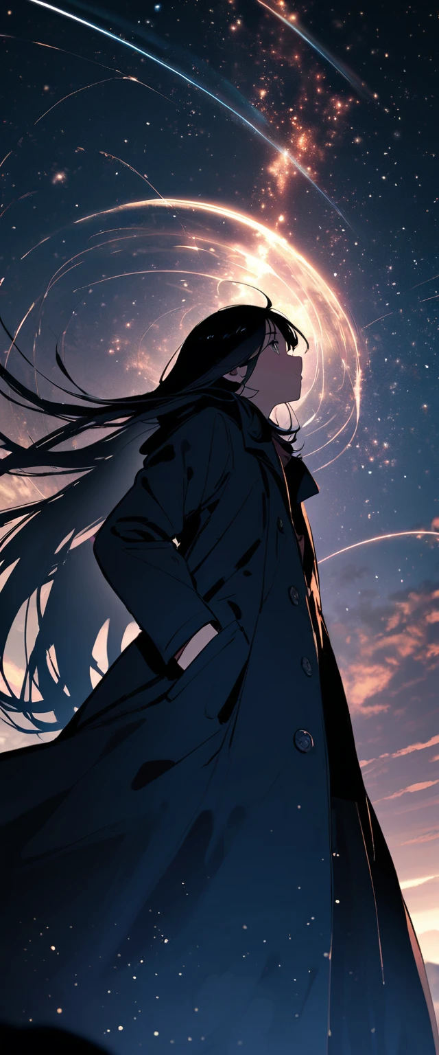 
Many stars twinkling in a beautiful bright winter night sky, long exposure starry sky with many circular orbits, silhouette of a young woman with long hair with her hands in her coat pockets looking up at it, photo taken from long distance, photo from below