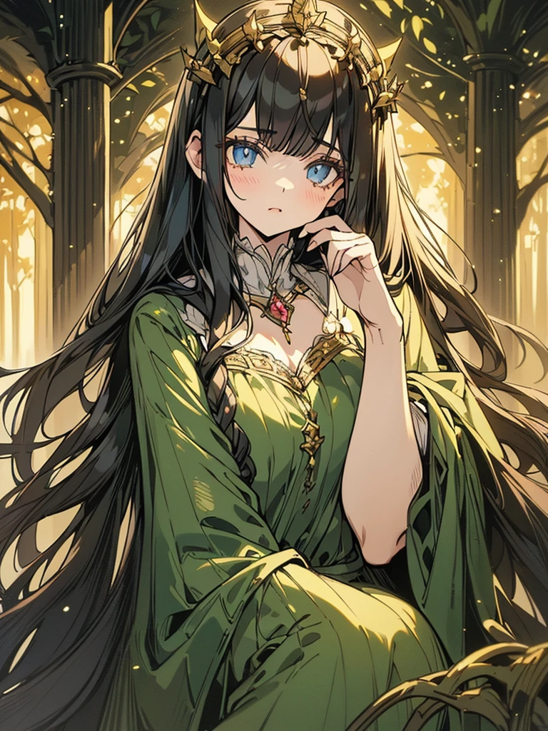 a beautiful young girl, briar rose, 1girl, detailed face, long eyelashes, delicate features, porcelain skin, flowing black hair, crown of thorns, enchanted forest, lush green foliage, sunbeams through the trees, (best quality,4k,8k,highres,masterpiece:1.2),intricate details,vibrant colors,dramatic lighting,fantasy,fairytale