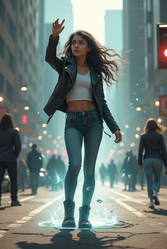 Imagine a young girl standing in the middle of a city street, effortlessly controlling the forces of gravity around her. She has a confident stance, with one hand raised and her fingers slightly curled as if she’s gripping the very air. Her long, dark hair flows upward, defying gravity itself, giving a clear sign of her incredible power. Her eyes are bright and focused, glowing with a subtle, otherworldly light as she concentrates on manipulating her surroundings.
She is dressed in a modern, stylish outfit—a fitted leather jacket over a simple t-shirt and skinny jeans, paired with sleek, ankle-high boots. Her look is completed with a pair of fingerless gloves, adding a touch of rebellious flair. Around her, objects float in mid-air: a car levitates several feet off the ground, its wheels spinning slowly; small pebbles and pieces of debris hover around her, suspended in the air like they are weightless.
The streetlights above sway unnaturally, and the ground beneath her feet cracks slightly from the pressure she’s exerting. Nearby, pedestrians watch in awe and a bit of fear, some shielding their eyes from the wind that seems to swirl around her due to her gravitational control.
A faint glow surrounds her, an aura that pulses with each movement of her hands, as if the very air around her is bending to her will. The sky above is clear, but around her, there are faint distortions in the light, as if the very fabric of reality is rippling under the influence of her gravity control powers.
Despite the chaos she could cause, her expression is calm and controlled, showing that she is fully in command of her abilities, able to alter the weight and movement of objects around her with just a thought.
