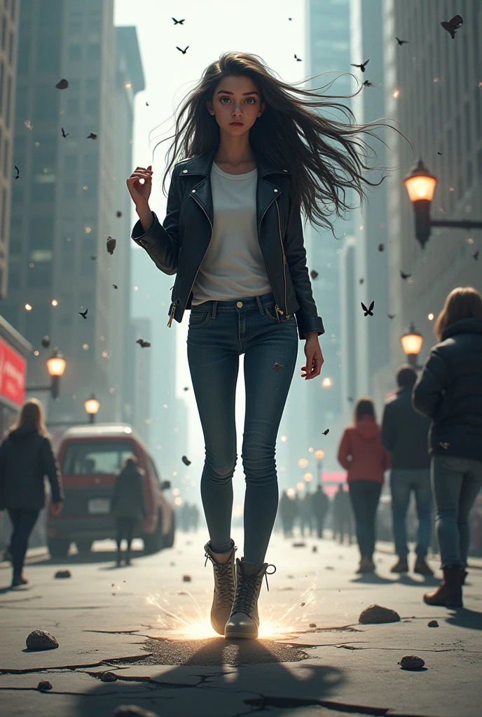 Imagine a young girl standing in the middle of a city street, effortlessly controlling the forces of gravity around her. She has a confident stance, with one hand raised and her fingers slightly curled as if she’s gripping the very air. Her long, dark hair flows upward, defying gravity itself, giving a clear sign of her incredible power. Her eyes are bright and focused, glowing with a subtle, otherworldly light as she concentrates on manipulating her surroundings.

She is dressed in a modern, stylish outfit—a fitted leather jacket over a simple t-shirt and skinny jeans, paired with sleek, ankle-high boots. Her look is completed with a pair of fingerless gloves, adding a touch of rebellious flair. Around her, objects float in mid-air: a car levitates several feet off the ground, its wheels spinning slowly; small pebbles and pieces of debris hover around her, suspended in the air like they are weightless.

The streetlights above sway unnaturally, and the ground beneath her feet cracks slightly from the pressure she’s exerting. Nearby, pedestrians watch in awe and a bit of fear, some shielding their eyes from the wind that seems to swirl around her due to her gravitational control.

A faint glow surrounds her, an aura that pulses with each movement of her hands, as if the very air around her is bending to her will. The sky above is clear, but around her, there are faint distortions in the light, as if the very fabric of reality is rippling under the influence of her gravity control powers.

Despite the chaos she could cause, her expression is calm and controlled, showing that she is fully in command of her abilities, able to alter the weight and movement of objects around her with just a thought.