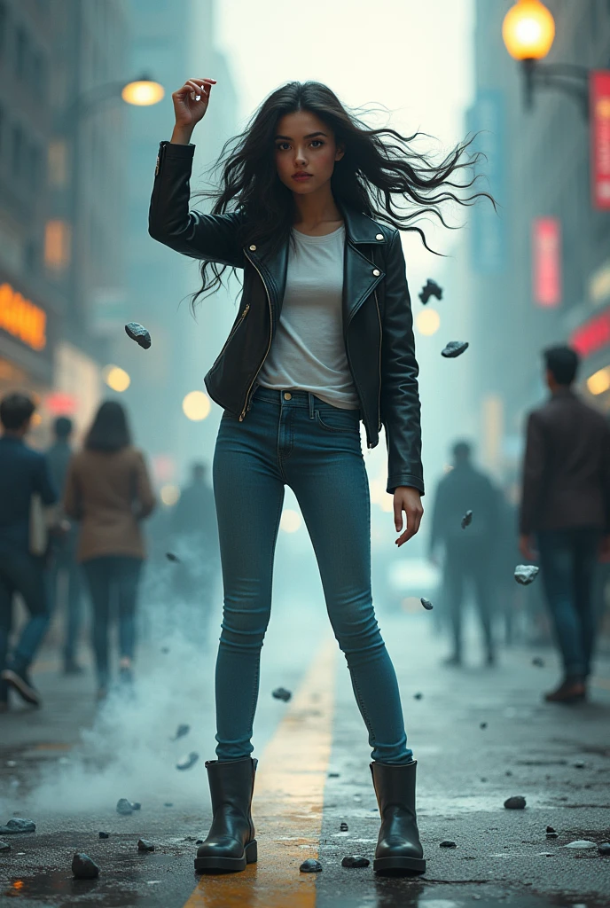 Imagine a young girl standing in the middle of a city street, effortlessly controlling the forces of gravity around her. She has a confident stance, with one hand raised and her fingers slightly curled as if she’s gripping the very air. Her long, dark hair flows upward, defying gravity itself, giving a clear sign of her incredible power. Her eyes are bright and focused, glowing with a subtle, otherworldly light as she concentrates on manipulating her surroundings.
She is dressed in a modern, stylish outfit—a fitted leather jacket over a simple t-shirt and skinny jeans, paired with sleek, ankle-high boots. Her look is completed with a pair of fingerless gloves, adding a touch of rebellious flair. Around her, objects float in mid-air: a car levitates several feet off the ground, its wheels spinning slowly; small pebbles and pieces of debris hover around her, suspended in the air like they are weightless.
The streetlights above sway unnaturally, and the ground beneath her feet cracks slightly from the pressure she’s exerting. Nearby, pedestrians watch in awe and a bit of fear, some shielding their eyes from the wind that seems to swirl around her due to her gravitational control.
A faint glow surrounds her, an aura that pulses with each movement of her hands, as if the very air around her is bending to her will. The sky above is clear, but around her, there are faint distortions in the light, as if the very fabric of reality is rippling under the influence of her gravity control powers.
Despite the chaos she could cause, her expression is calm and controlled, showing that she is fully in command of her abilities, able to alter the weight and movement of objects around her with just a thought.