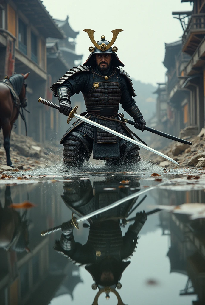 Absurd, High resolution, Super detailed, beautiful, masterpiece, Highest quality、水面に光がreflectionしている、reflection、Realな質感、Realistic、Real、Realistic、Blur、samurai、armor、Japanese sword、Fight、Combat Ready、anger、war、Broken Building、horse、inflammation、scratch、