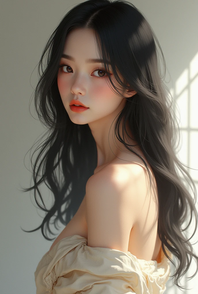 A beautiful Japanese woman with big breasts and black hair, slim and slender